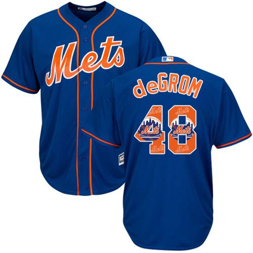 Mets #48 Jacob DeGrom Blue Team Logo Fashion Stitched MLB Jersey - Click Image to Close